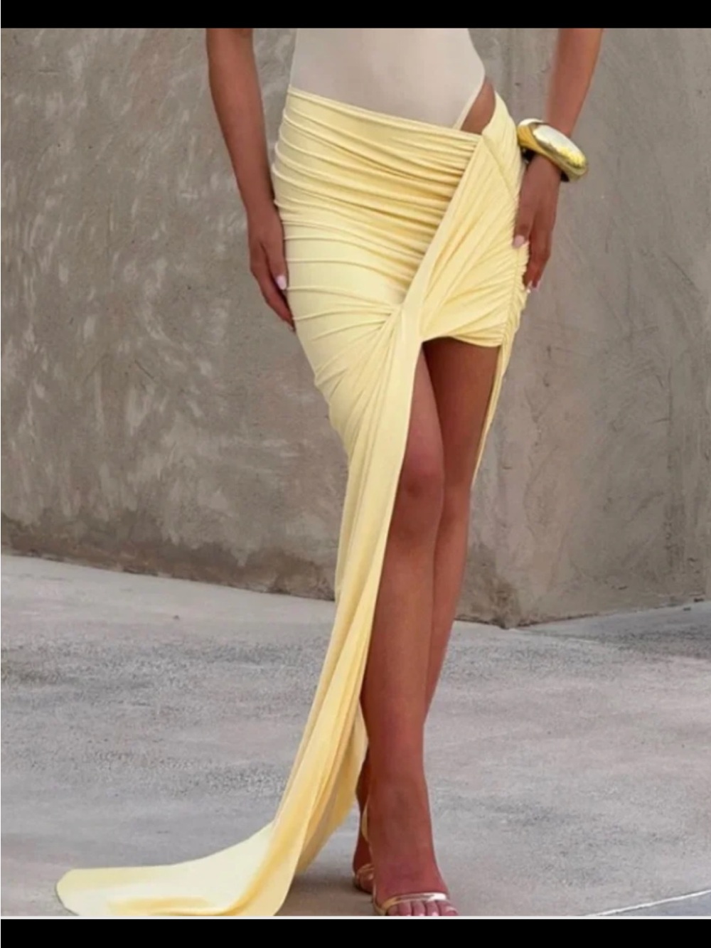 Ruched Asymmetrical Yellow Maxi Skirt with Draped Train